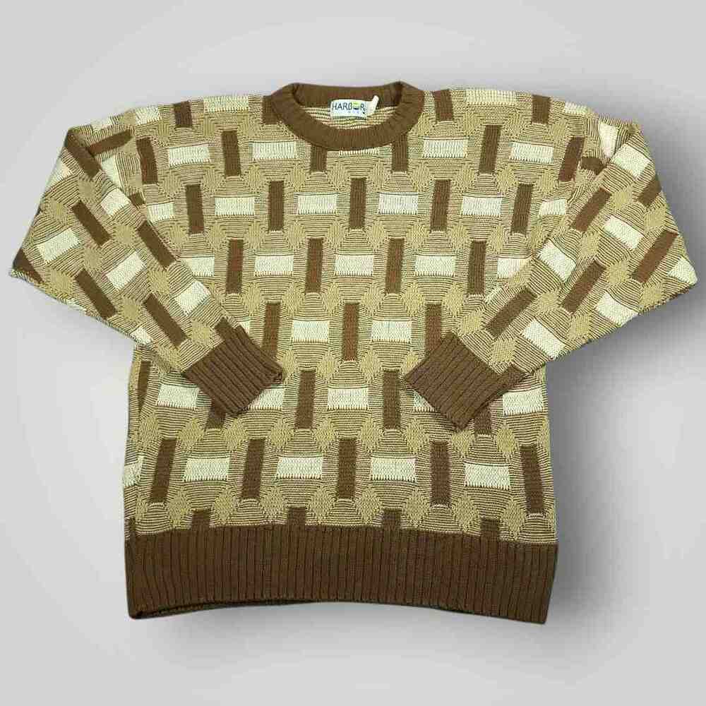 Vtg 90s Mens Crewneck Sweater L Grandpa Pullover Abstract Geometric Made in USA